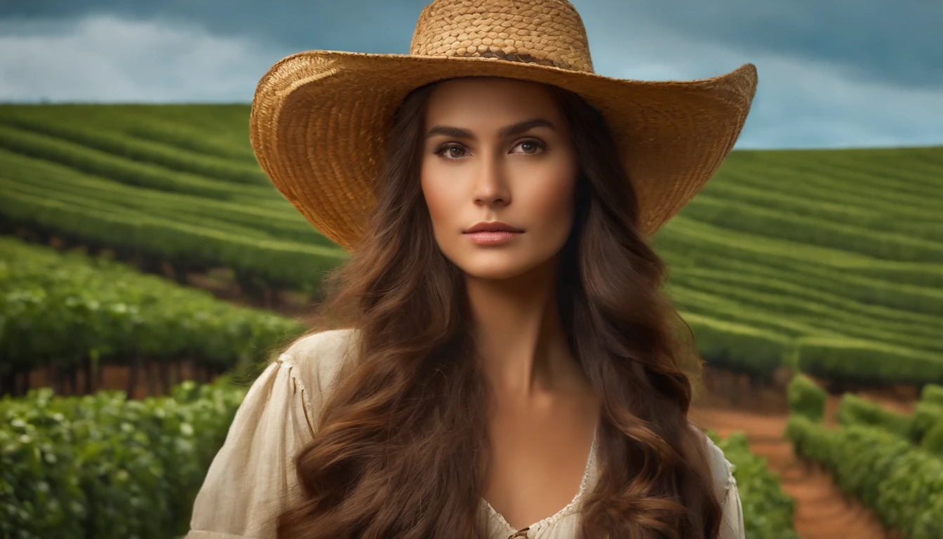 revista de moda,ultrarealism oil painting,Long-haired girl, camponesa, Works on the coffee plantation, He carries a basket of straw on his head, Their raised arms balance the basket, fundo Verde claro,Coffee plating background,O estilo do artista Bruce Zheng,cabelos brilhantes,lente de cowboy,art-deco,Verismo,Premiados, retinas