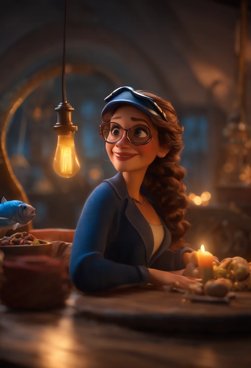 (best quality,4k,Alto,master part:1.2),ultra-detalhado,(Realistic:1.37),(HDR,UHD),vivid colors,studio lighting,(Physically-based rendering),(extreme detail description),(foco nítido),3 d goggles,mulher negra,medium wavy hair,Dancing,Maquiagem Disney,Pescador,Pescador,sorridente,Close-up,Pixar,Disney,Movie Lighting.
