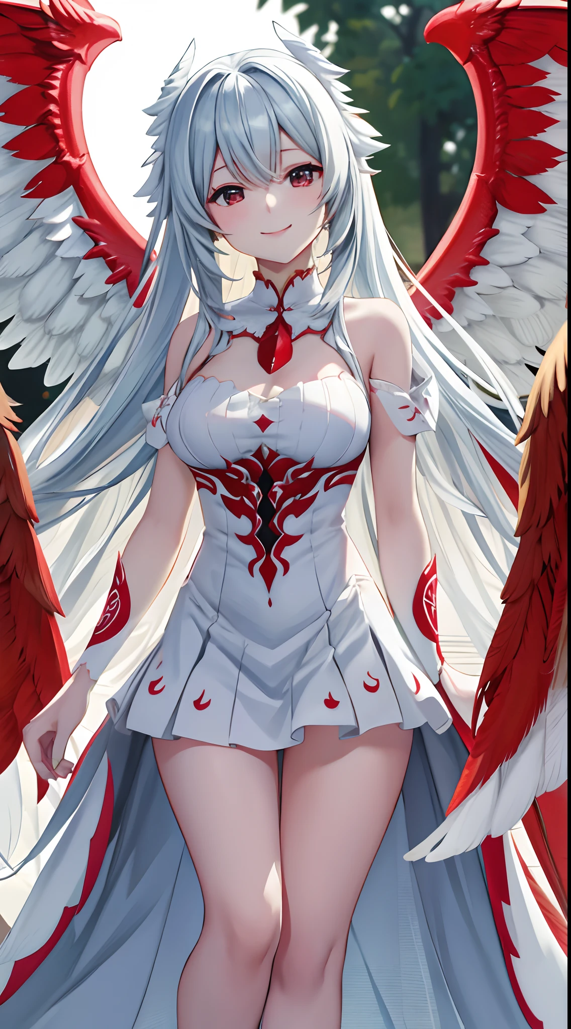 ((masutepiece, Best Quality)),Photography, Detailed skin, Realistic, Photorealsitic, 8K, Highly detailed, full length frame, High Detail RAW Color Art, diffused soft lighting, Shallow depth of field, 
White and red edge Garuda_Dress, Crimson Bird_Woman with spread wings ,Black eyes、adorable smiling、Light blue long hair、Twin-tailed、Wearing a white and red Edge Garuda_Dress