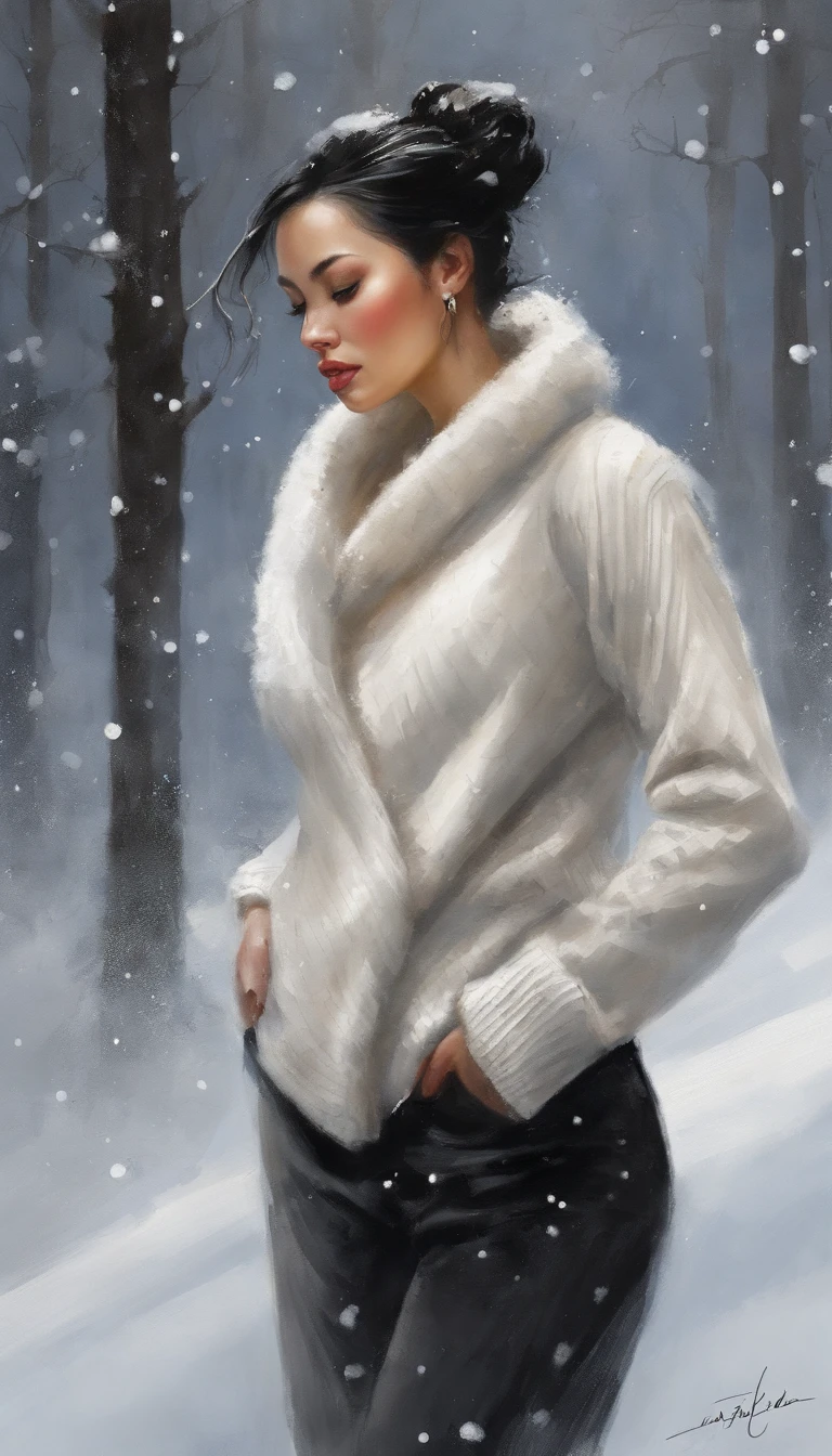 ((from the side)), ((from the bottom)), ((Full Body Esbian)), ((photorealistic portrait)), Beautiful Asian Models, Short black hair, Slender Legs, cold light, night, Starriski, In winter, snowfall, Snowfield, ((White sweater,His pants are long.)), (white, black), Walk in the park, Detailed scenes, exquisite digital illustration, detaild,hyper-detail, (Best qualtiy,master-piece),((man)))