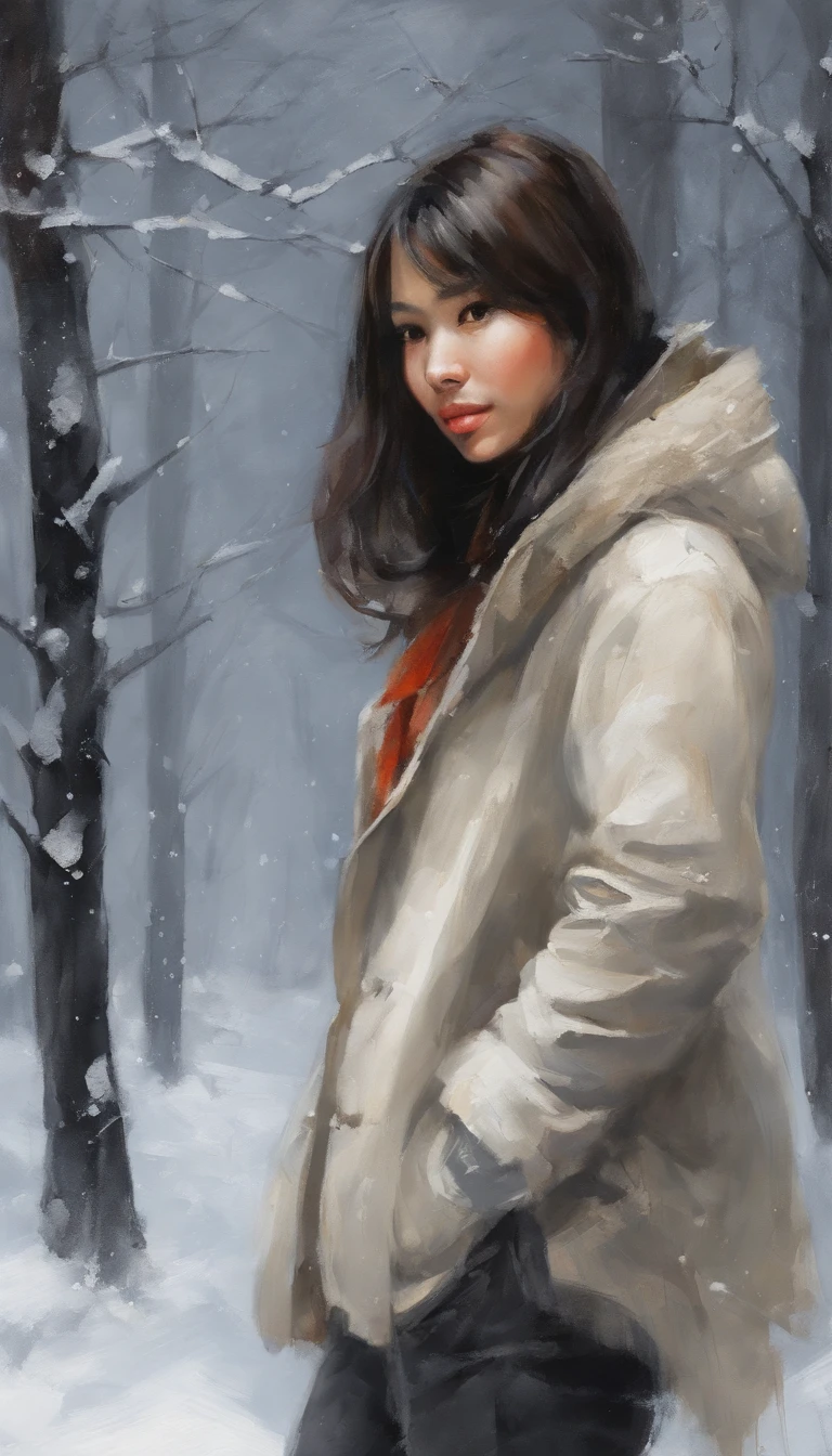 ((from the side)), ((from the bottom)), ((Full Body Esbian)), ((photorealistic portrait)), Beautiful Asian Models, Short black hair, Slender Legs, cold light, night, Starriski, In winter, snowfall, Snowfield, ((White sweater,His pants are long.)), (white, black), Walk in the park, Detailed scenes, exquisite digital illustration, detaild，hyper-detail, (Best qualtiy，master-piece),((man)))