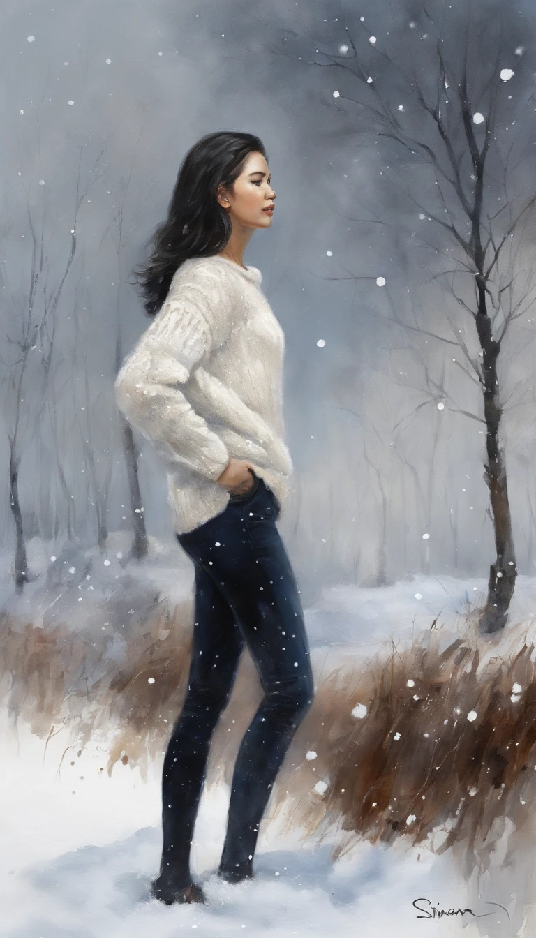 ((from the side)), ((from the bottom)), ((Full Body Esbian)), ((photorealistic portrait)), Beautiful Asian Models, Short black hair, Slender Legs, cold light, night, Starriski, In winter, snowfall, Snowfield, ((White sweater,His pants are long.)), (white, black), Walk in the park, Detailed scenes, exquisite digital illustration, detaild,hyper-detail, (Best qualtiy,master-piece),((man)))