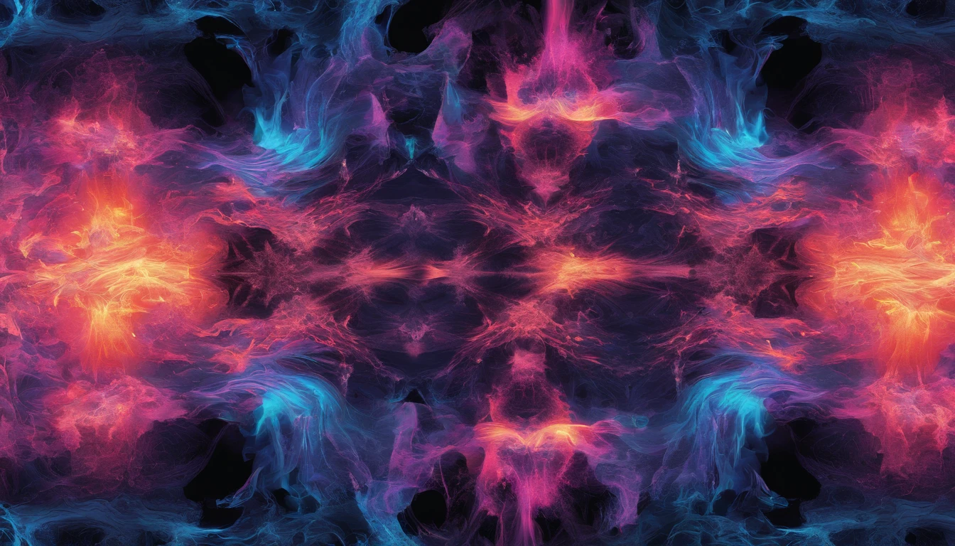 bilaterally symmetrical、explosions、blue flames、Pink Flame、Close-up of fire on black background and black background, Frame fractals, Highly detailed generative art, Flame texture, Complex overlay flame image, Hell Background, abstract paintings. 8K, Fractal fire background, Swirling flames in the background, Paint pours smoke, swirling fire, Digital Art 4K Anxiety, Some smoke and fire, houdini algorithm generative art，fluids