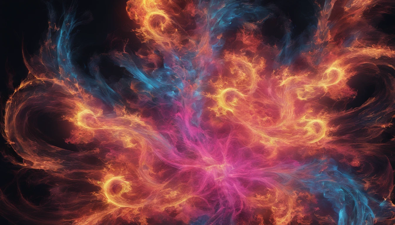 bilaterally symmetrical、explosions、blue flames、Pink Flame、Close-up of fire on black background and black background, Frame fractals, Highly detailed generative art, Flame texture, Complex overlay flame image, Hell Background, abstract paintings. 8K, Fractal fire background, Swirling flames in the background, Paint pours smoke, swirling fire, Digital Art 4K Anxiety, Some smoke and fire, houdini algorithm generative art，fluids