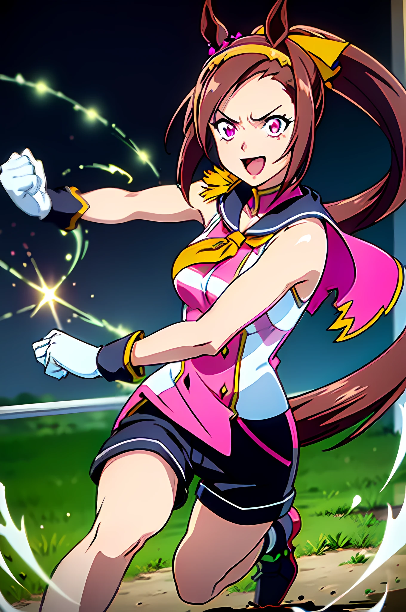 (top-quality:1.3), (masterpiece:1.4),(Anatomically correct), (Full limbs),(complete fingers),(Precise fingertips), (Fine details),(8K),Photorealista,(Super Detail),(90s Anime,9 0 s anime,9 0 s anime style,anime cels,cel shaded anime),(Sakura Baku Sinking (Umamusume):1.52), (1人の女性:1.5),epaulette,sleeveless shirts,PINK SHIRT,Sailor collar,Capelet,Yellow neckerchief,asymmetrical gloves,Mismatched gloves,Black shorts,white thighhig,mismatched footwear,Neon pink eyes,Beautiful face, Intense lighting),(Dynamic Boxing Pose:1.25), 1 girl, Beautiful face, Intense lighting),raw, 1 girl, ((rage)), Color Theme Red, Dramatic light, Violence Everywhere, Bloody destruction of corpses in the background, Dark and blurry background, (joyous expression:1.4), (Raging Eyes:1.2), ), Mental breakdown, intimidation, Ways to harm, (irate:1.4), revenge, rage, destruction, murder, Maniacal,magician, spell magic, Magic Circle, ((magic in hand)),(using light magic:1.14),water magic, imaginative overlays, artistic fusion,fantastical scenes, evocative narratives, striking visuals, ((Motion Trajectory Effect)), spiky hair,, Superhero, Run at lightning speed, Leaving traces of movement, MotionTrail, Speed effect, Drive through the steppes, Speed Trace, Super Speed Power Dramatic Light, Movie Quality,grass field,