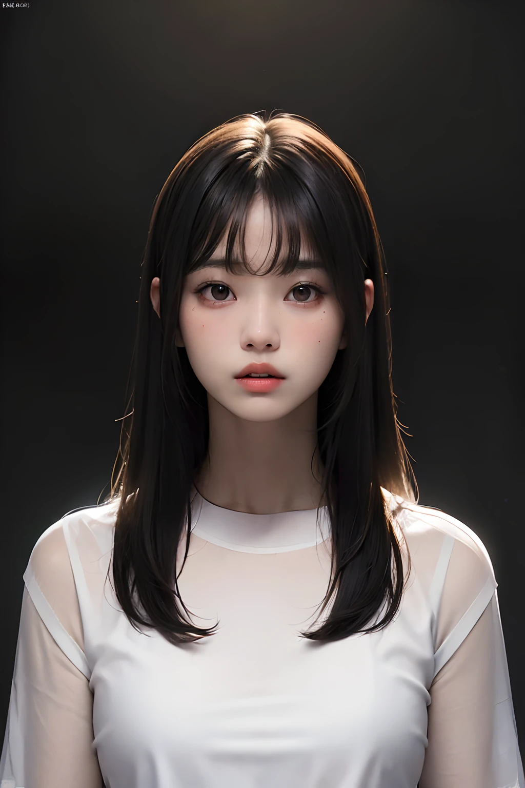 Masterpiece, best quality, (dark photo: 1.3), photorealistic, 1girl, flat bangs, nice innocent symmetrical face, shirt, emotional, ulzzang, (PureErosFace_V1:0.7)