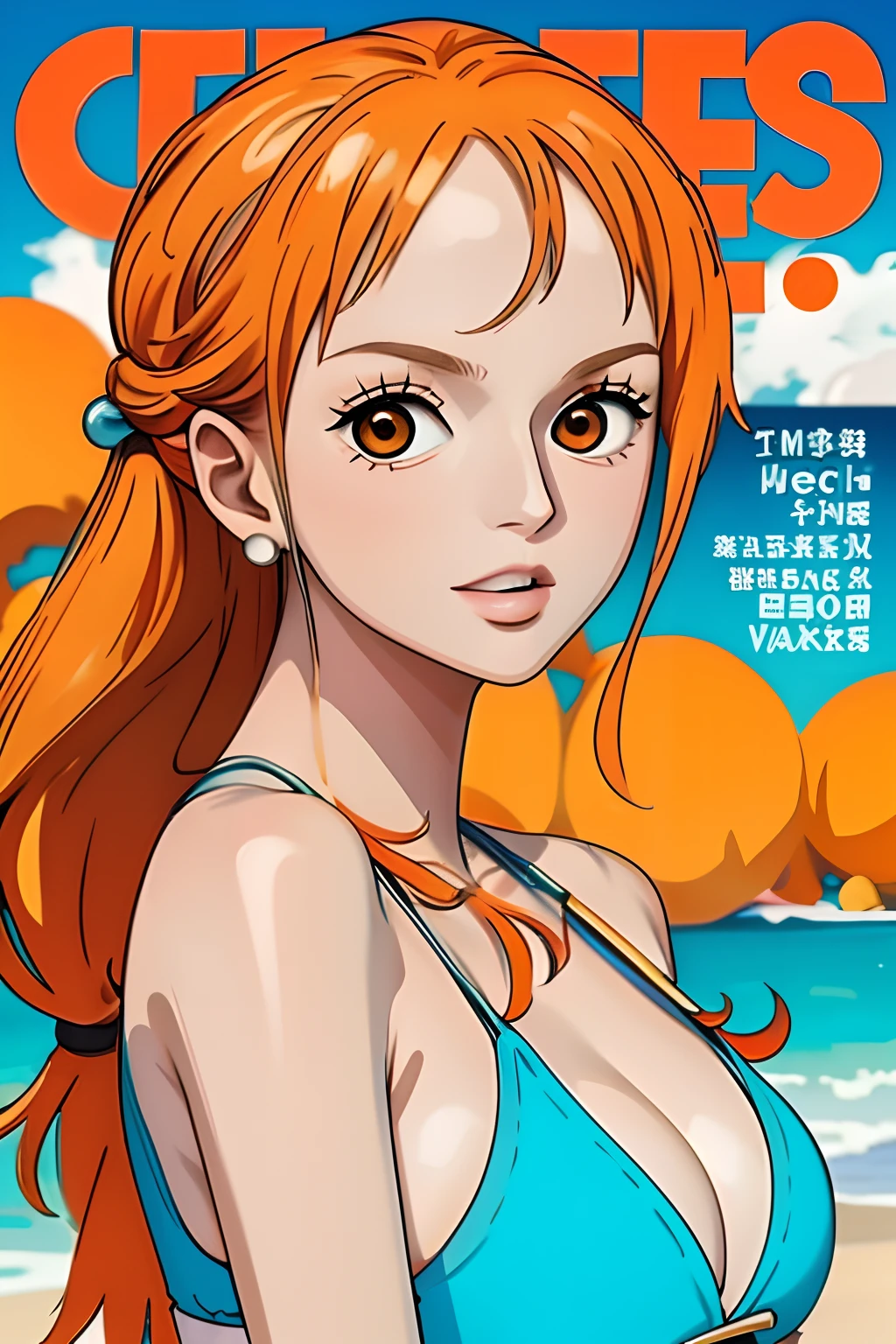 masterpiece, best quality, spring outfit, orange hair, outdoor, magazine cover ,upper body, ((nami)) ((onepiece)) sando top, good hands,