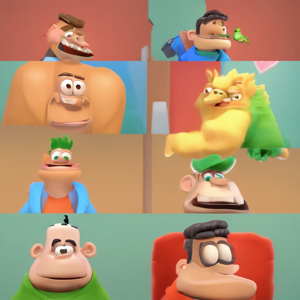 Criar um personagem no estilo Pixar. Trata-se de um homem de 50 anos, sem barba, Branco, com cabelos grisalhos curtos e um quiff, e olhos verdes. Ele deve estar na frente de um computador, Trabalhar como designer