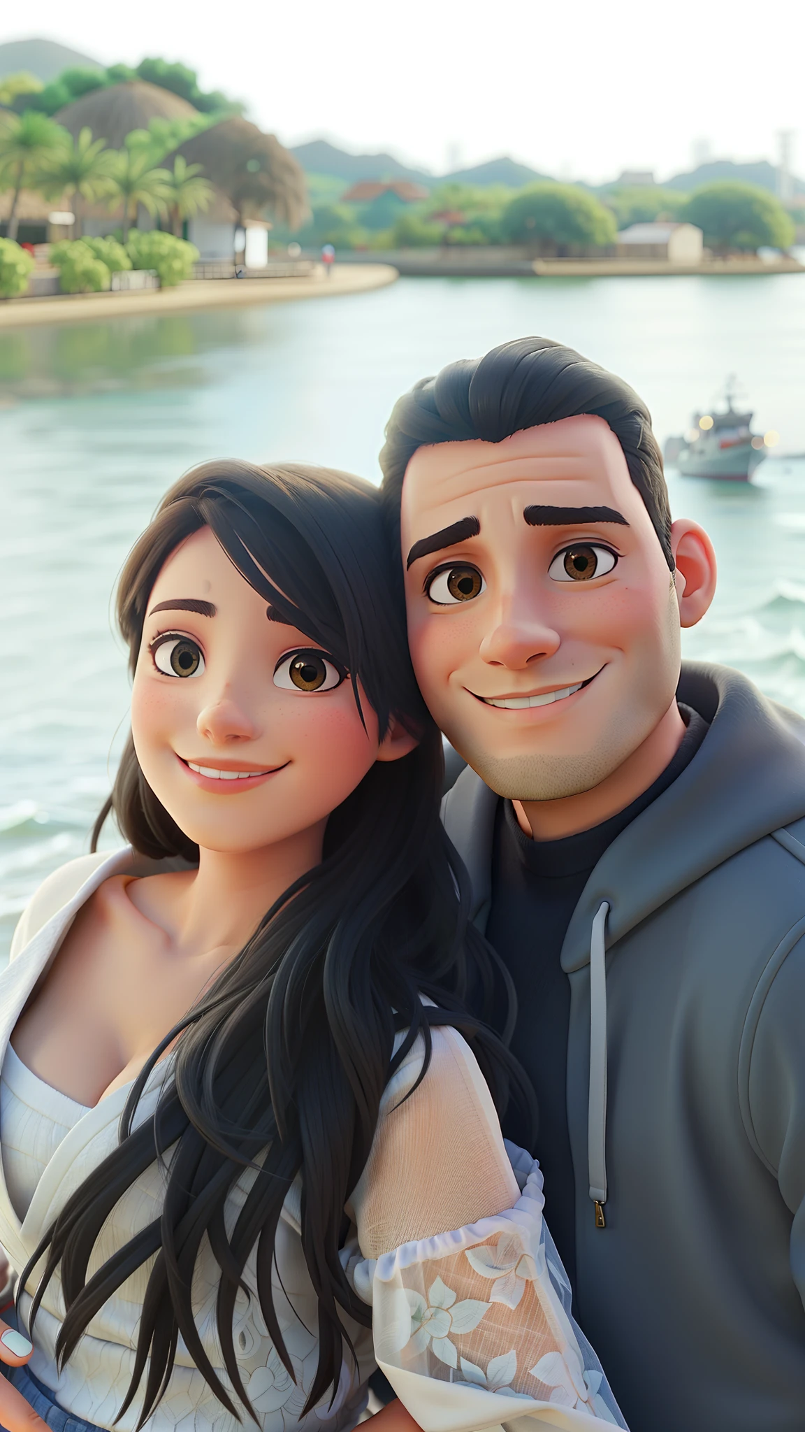 Um casal na beira do rio.