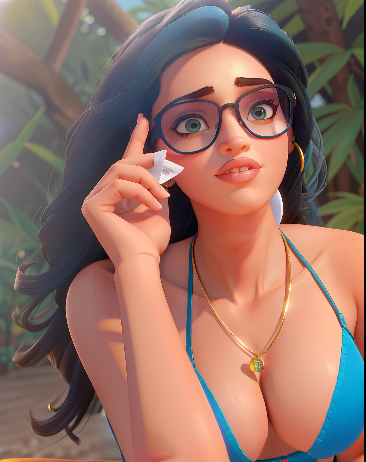 Uma linda mulher branca magra, Large sunglasses with dark lenses, bikini blue, rosto fino, longos cabelos negros cacheados, full lips with lipstick, Serious Woman Can, with a golden chain around his neck, com um fundo da natureza, alta qualidade, Estilo Pixar, Disney