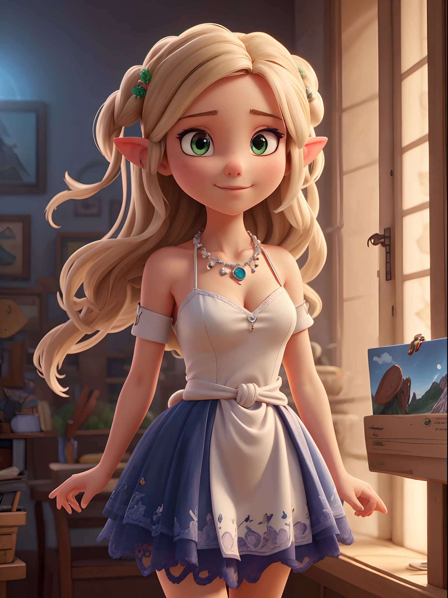 Shot of the female elf's waist, Intricate, Slender face, elegant, Wear a sapphire necklace, White light dress,With shoulder straps, facing camera, Highly detailed, Digital painting, art stations, concept-art, smooth, Sharp focus, illustration, art by artgerm and greg rutkowski and alphonse mucha, 8K, volume fog, full bloom, Light rays, lumen, Scenic view
