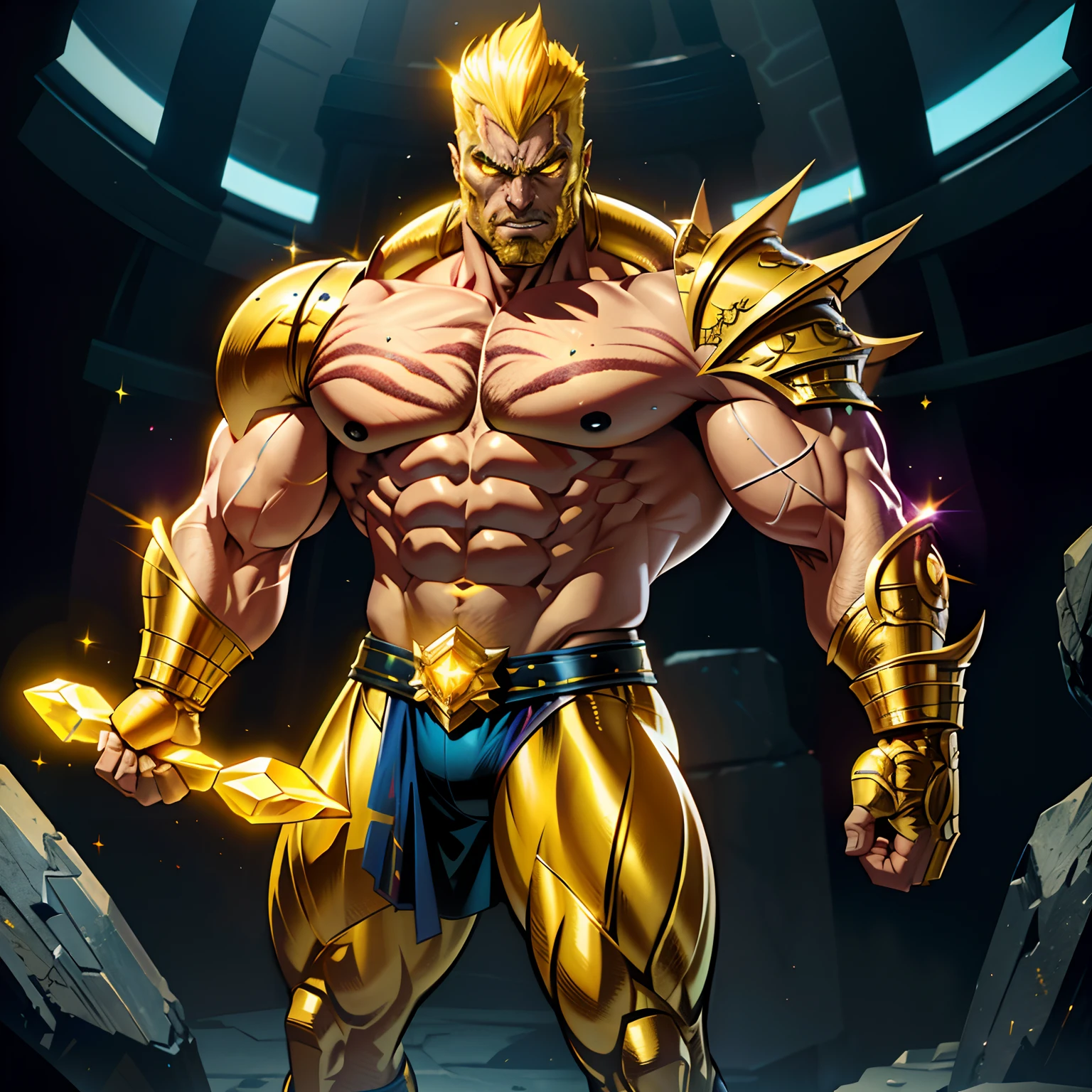 ((masterpiece)), ((8k resolution)), ((a super villian champion )), yellow eyes, in arena, muscular, strong, (((4k))), ((((highly detailed)))), strong, aura, glow, crystals, posing, angry, comic art style