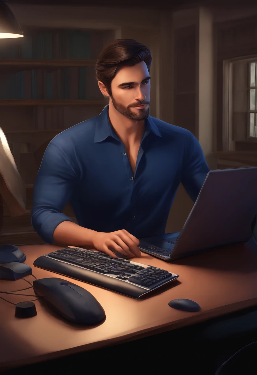 tall brunette man, dark blue shirt, working on computer 3D disney cartoon