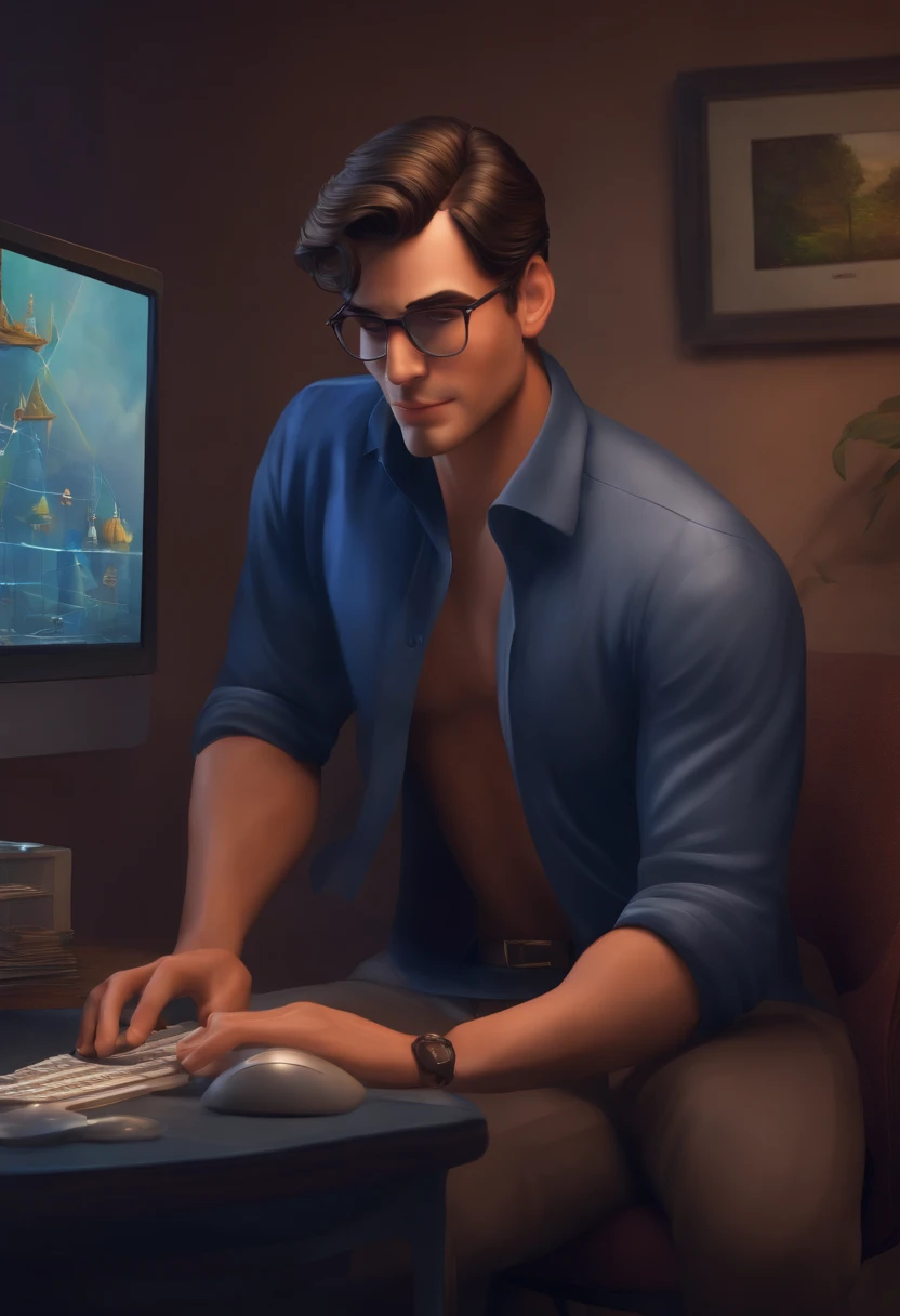 tall brunette man, dark blue shirt, working on computer 3D disney cartoon