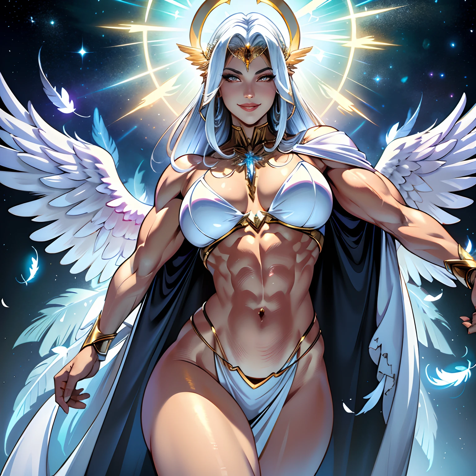((masterpiece)), ((8k resolution)), ((a female angelic super villian)), white eyes, in heaven, muscular, strong, (((4k))), ((((highly detailed)))), strong, aura, glow, crystals, posing, feathers, halo, full body view, smiling, sexy, seductive, comic art style