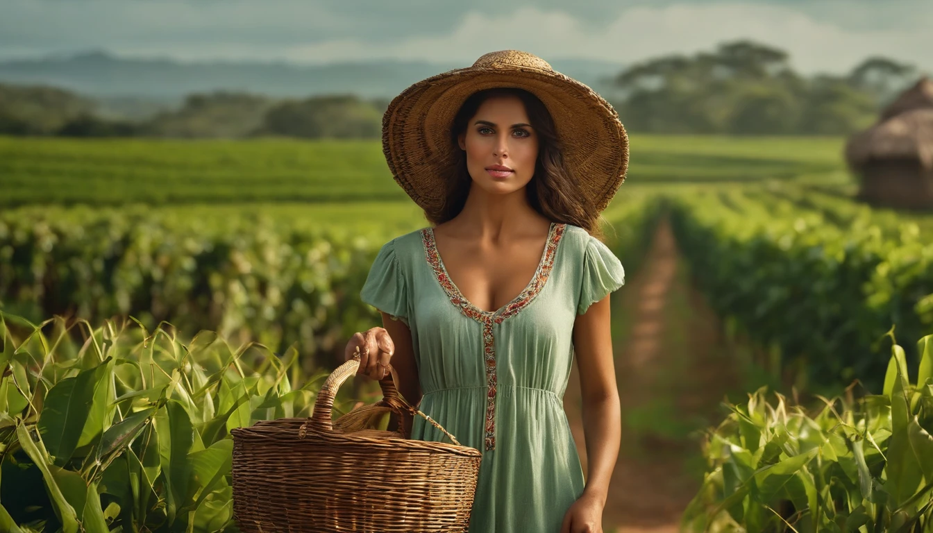 revista de moda,ultrarealism oil painting,brunette girl, camponesa, Works on the coffee plantation, He carries a basket of straw on his head, Their raised arms balance the basket, fundo Verde claro,Coffee plating background