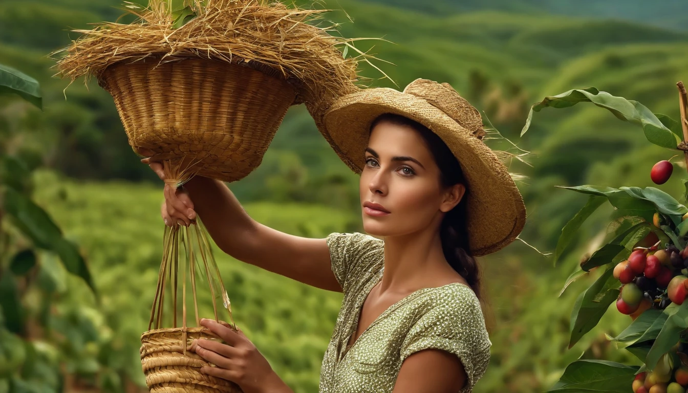 revista de moda,ultrarealism oil painting,brunette girl, camponesa, Works on the coffee plantation, He carries a basket of straw on his head, Their raised arms balance the basket, fundo Verde claro,Coffee plating background