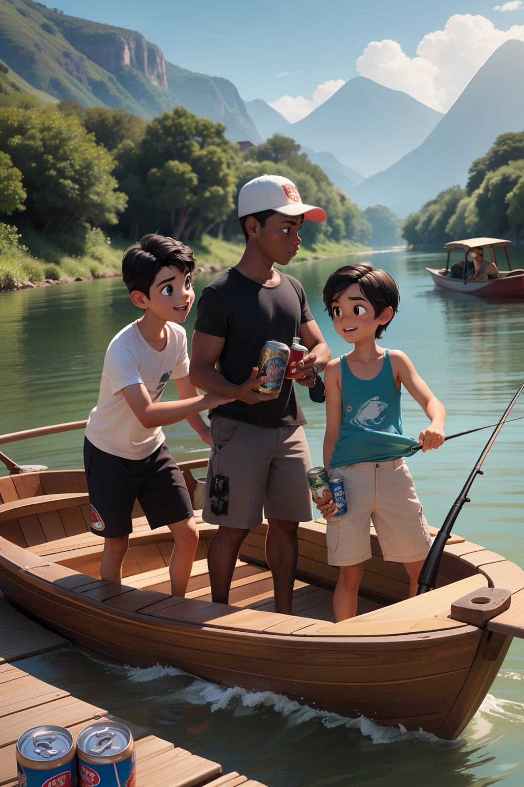 Uma pescaria com 3 amigos, um deles estao com um peixe nos bracos segurando, the other two with the fishing rod in their hands and one of them besides the fishing rod is with a can of beer in his hand. The background of the image is in a river with a small wooden boat, The theme is from Pixar. O amigo que ta com peixe na mao tem cabelo branco curto com corpo fortinho e pele no tom claro. The other friend has small black hair in a cap and a tank top shirt. The friend who has the can of beer in his hand has a big belly and dark skin tone.