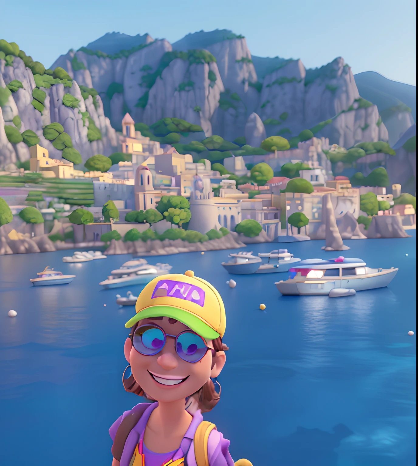 A woman with short dark brown hair, frayed at the ends, at chin height, wearing aviator glasses with mirrored lenses in shades of lilac and a neon yellow cap with the inscription "FOFO Sports" in blue, small pearl earrings, with the straps of a black backpack over her bare shoulders and smiling, against the backdrop of the island of Capri in Disney Pixar style, high quality, best quality