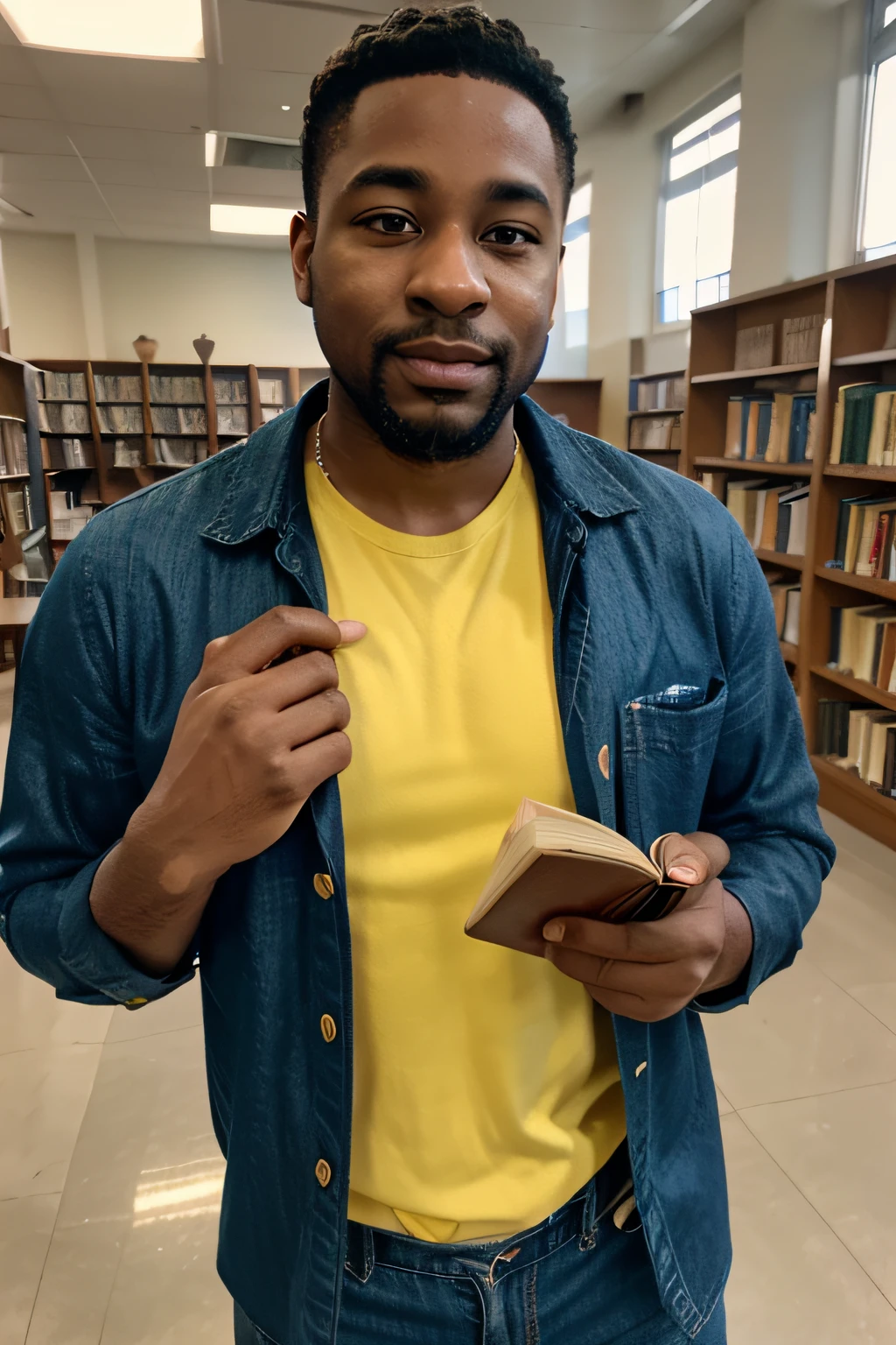 35-year-old black man with medium beard and the air of a scholar. The teacher is in a school library with a book in his hands, Low gaze and passionate energy of wedding ring on finger. Disney ambient accented lighting and vibrant colors Formal denim shirt and yellow pants