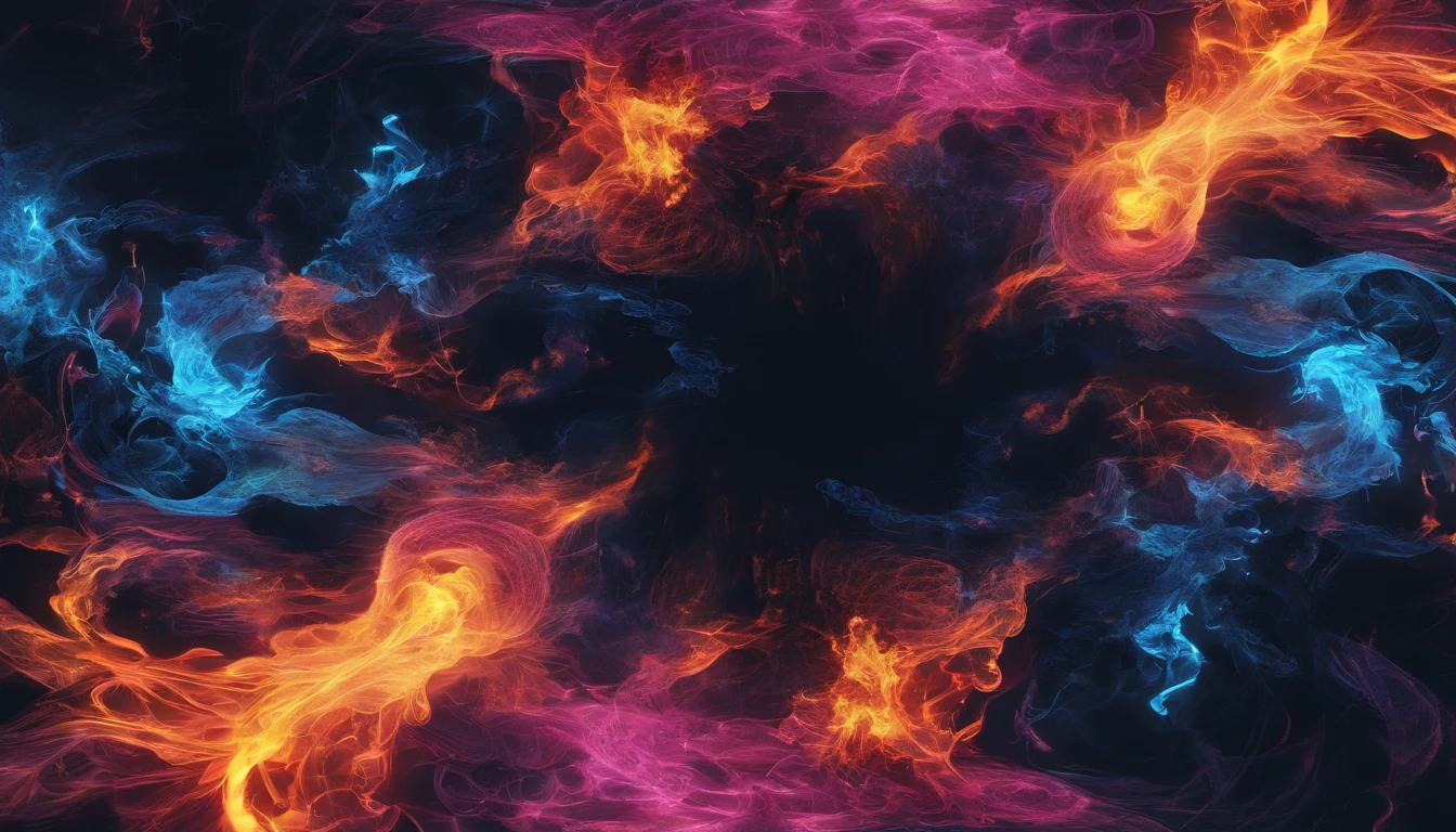 VS,bilaterally symmetrical、explosions、blue flames、Pink Flame、Close-up of fire on black background and black background, Frame fractals, Highly detailed generative art, Flame texture, Complex overlay flame image, Hell Background, abstract paintings. 8K, Fractal fire background, Swirling flames in the background, Paint pours smoke, swirling fire, Digital Art 4K Anxiety, Some smoke and fire, houdini algorithm generative art,fluids