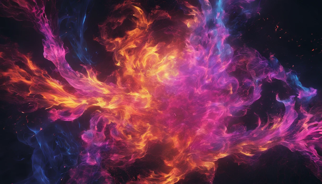 VS,bilaterally symmetrical、explosions、blue flames、Pink Flame、Close-up of fire on black background and black background, Frame fractals, Highly detailed generative art, Flame texture, Complex overlay flame image, Hell Background, abstract paintings. 8K, Fractal fire background, Swirling flames in the background, Paint pours smoke, swirling fire, Digital Art 4K Anxiety, Some smoke and fire, houdini algorithm generative art,fluids