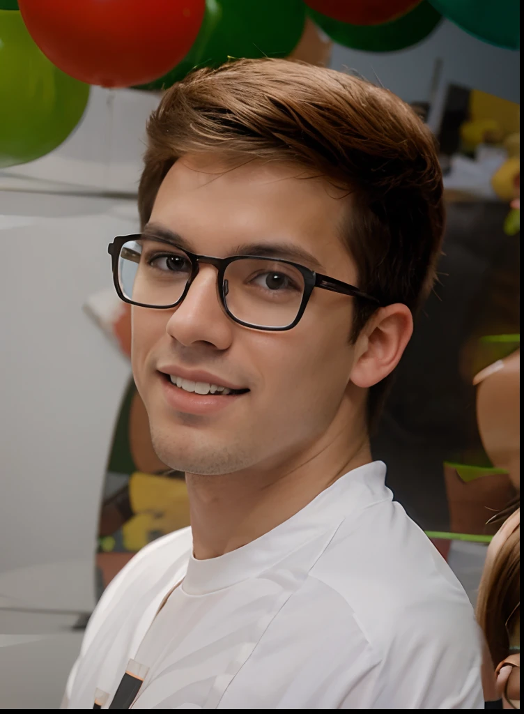Salmon-skinned boy, cabelo castanho escuro e liso, wears glasses, olhos castanhos escuros