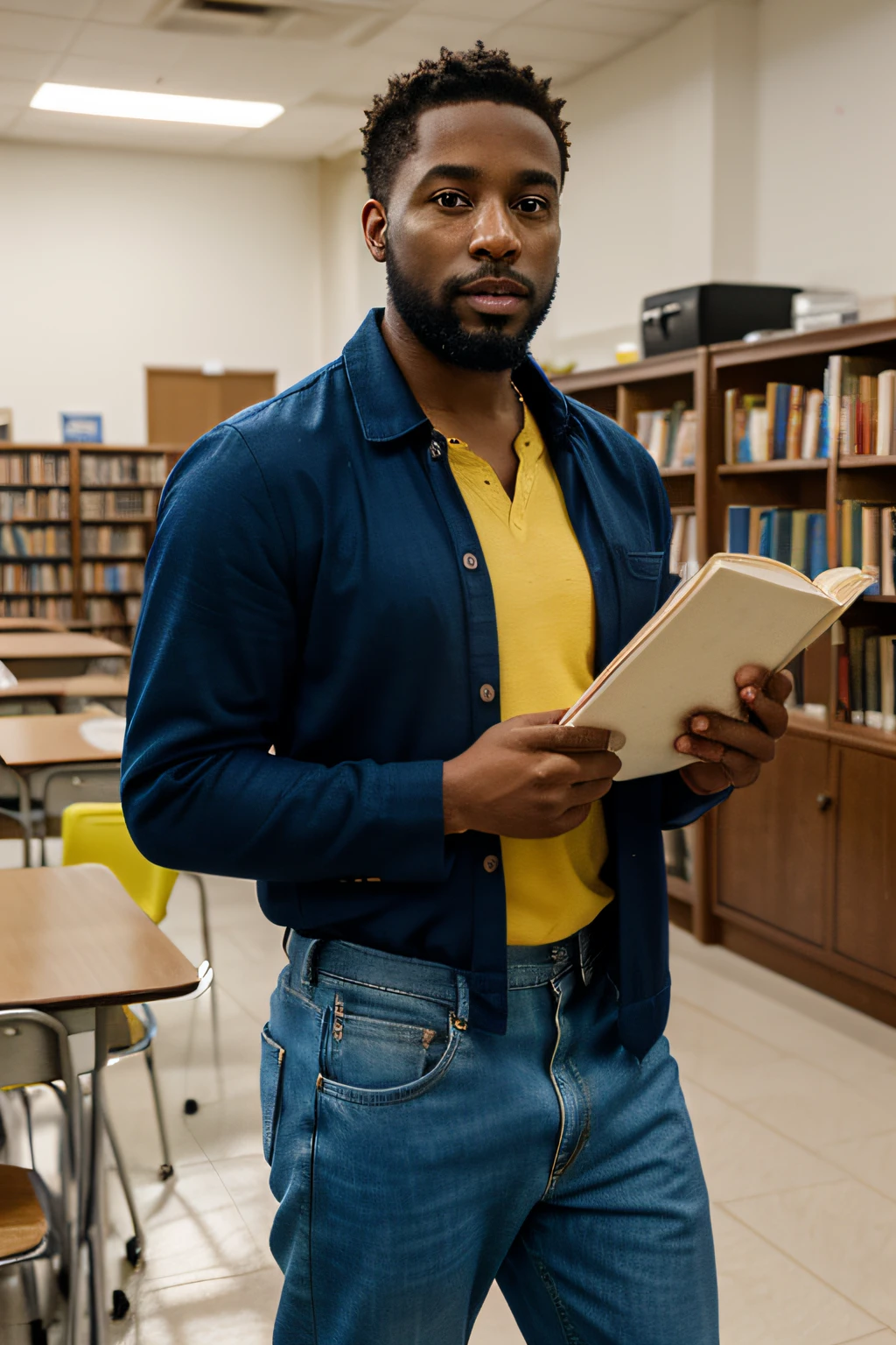 35-year-old black man with medium beard and the air of a scholar. The teacher is in a school library with a book in his hands, Low gaze and passionate energy of wedding ring on finger. Disney ambient accented lighting and vibrant colors Formal denim shirt and yellow pants