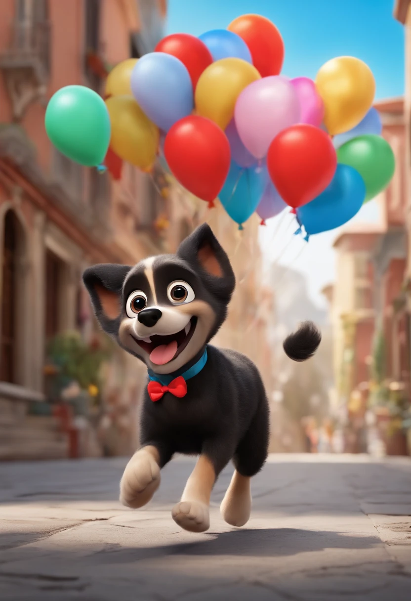 3D poster inspired by Disney/Pixar, a scene with a furry dog with big ears, black hair and a brown goatee, with a red bow on her head, happy running after colorful balloons on the street, signs with the name BLACK and a girl with black hair curly to the shoulders with open arms smiling and happy in jeans, black sneakers and a gray shirt with blue glasses
