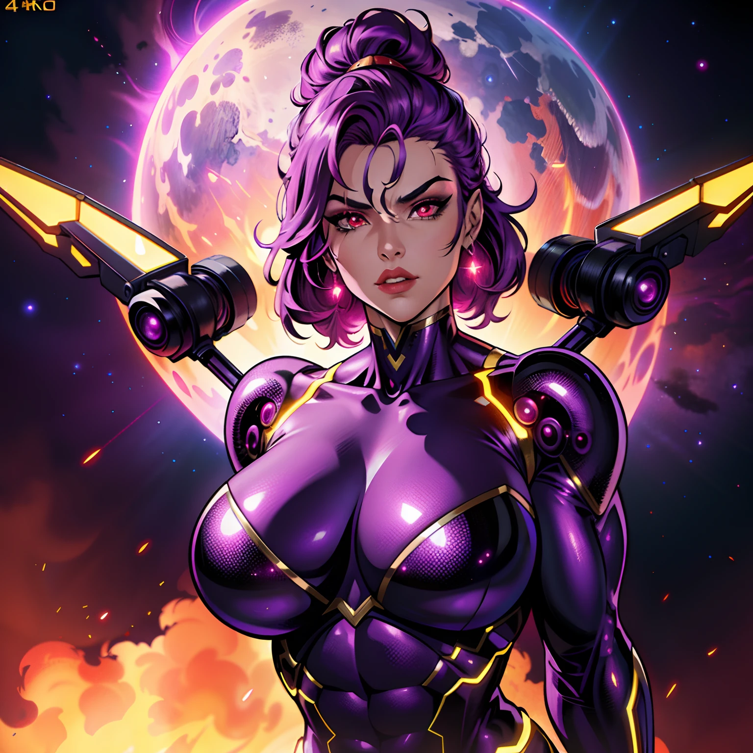 ((masterpiece)), ((8k resolution)), ((a female super villian)), huge, metallic, red eyes, in purple planet, muscular, strong, (((4k))), ((((highly detailed)))), strong, aura, glow, neon, comic art style