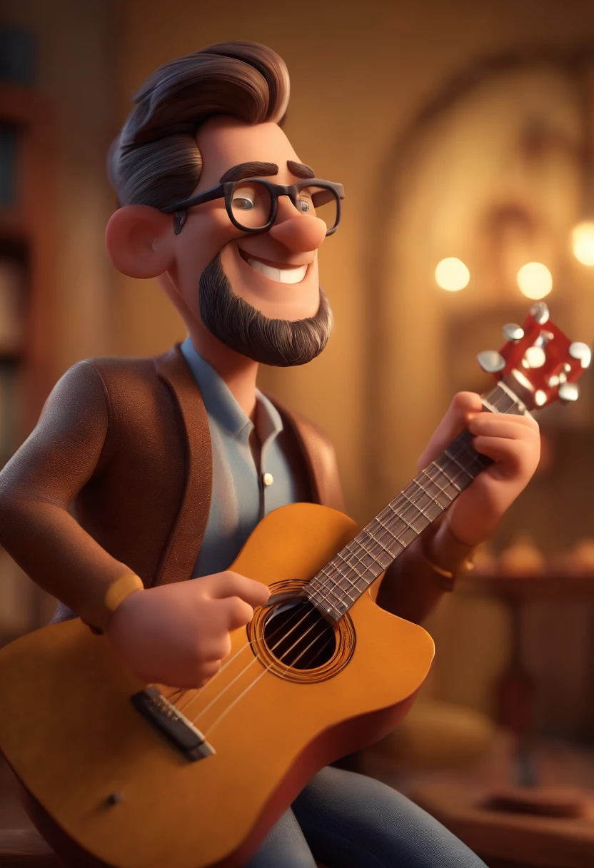 Cartoon character of a man with glasses , kalap, barba ,playing the guitar, gordinho,animation character, Caractere estilizado, animation style rendering, 3D estilizado, Arnold Maya render, 3 d render stylized, toon render keyshot, Personagem 3D, Personagem 3D, 3d rendering stylized, 3 d character render, personagem de desenho animado, Personagem de close up, Pose de personagem, (Estilo Pixar) (master part:1.2) (Bokeh) (best quality) (pele detalhada) (textura detalhada) (8k) (argila) (Cinematic lighting) (foco nítido