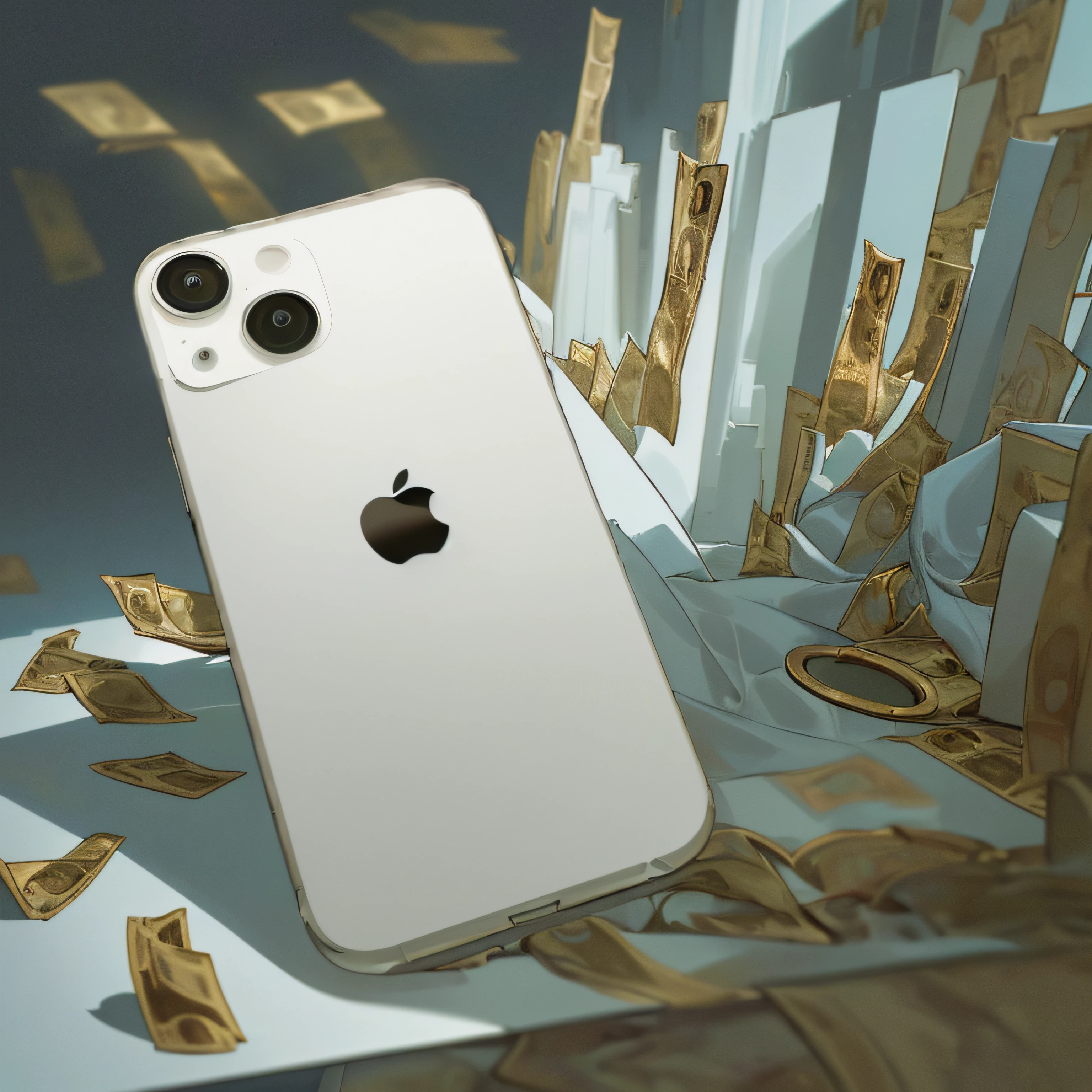 "Create a photorealistic image of the iPhone 13 in a mysterious and enigmatic setting, surrounded by an aura of wealth and abundance. The iPhone 13 should be depicted with meticulous attention to detail, showcasing its sleek design and advanced features. The image should be set in a captivating environment filled with an air of mystery, with piles of money and stacks of gold surrounding the iPhone 13. The lighting should be dramatic, casting intriguing shadows and highlights on the scene. The camera angle can be a close-up shot, focusing on the iPhone 13 and the surrounding wealth. The lens used should be a macro lens, capturing the intricate details of the iPhone 13 and the money. The image should have a high resolution, highlighting the fine textures and reflections on the iPhone 13 and the surrounding riches."