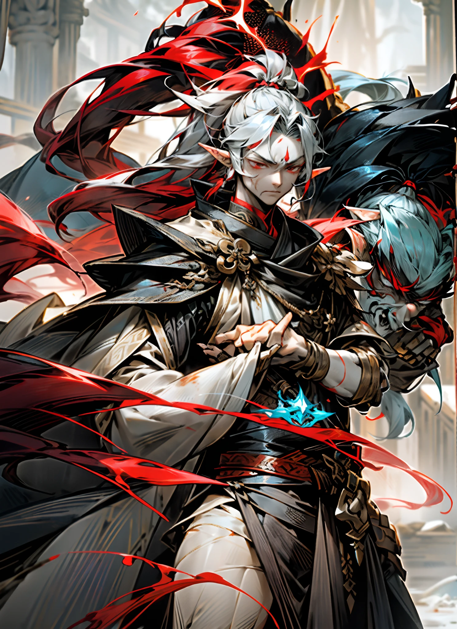 (girl), (silver waist-length hair tied in a high ponytail), ([a streak of red hair] on the left temple), (blood-red eyes), (Asian facial features).
(Prince Yanathern), the third prince of the Ice Fang Elf Tribe, and the son of the Wolf King Tribe's first princess from the Flame Valley. He possesses both the conflicting elements of "Ice" and "Fire" due to his mixed bloodline. However, due to his elven physique, he is unable to transform into a wolf form.
Hot-tempered with sharp eyes, he is cautious in his actions. He doesn't mince his words and tends to be violent. He enjoys being straightforward, but deep down, he is actually a soft-hearted person.