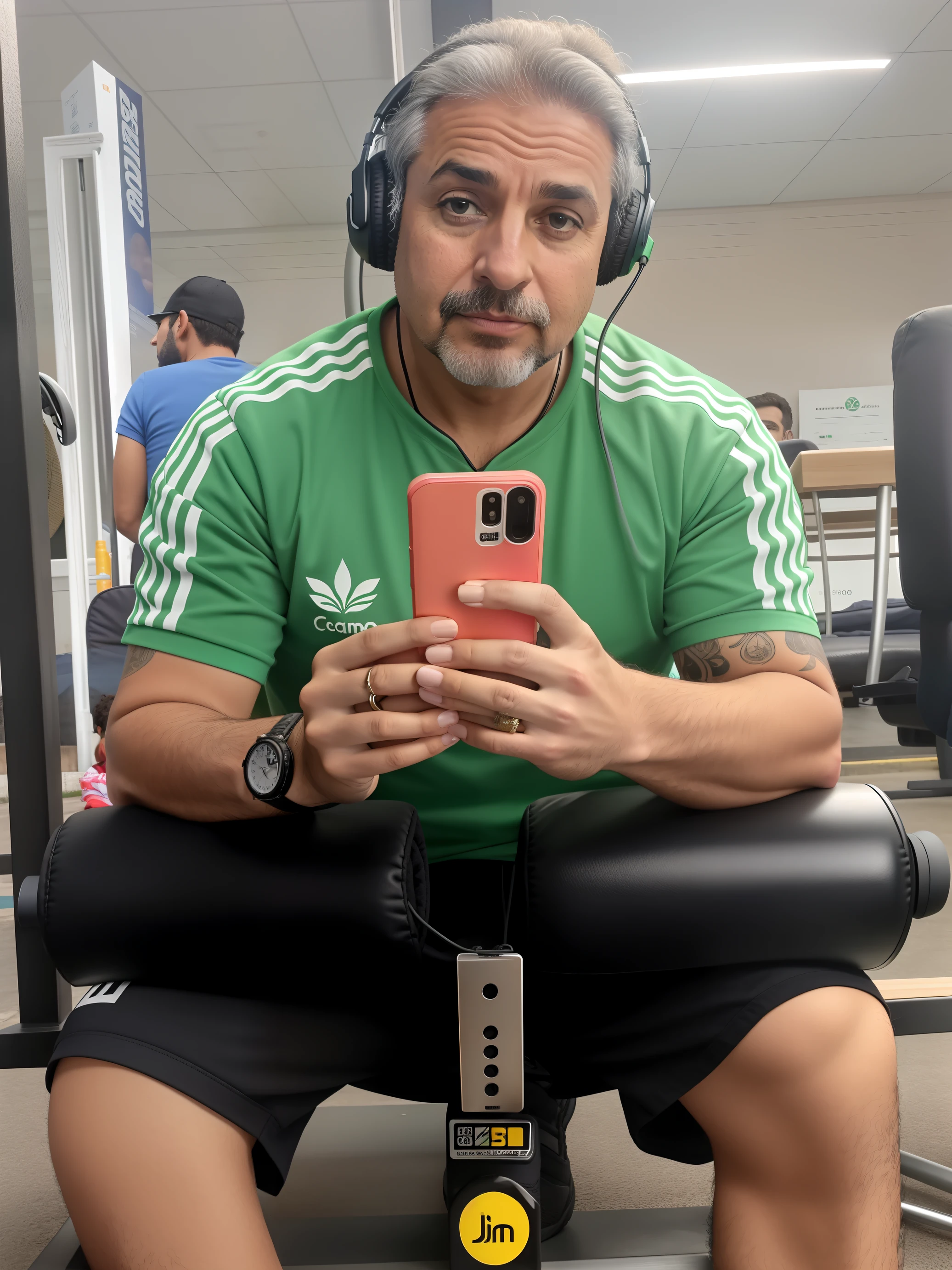 There's a man sitting on a bench with headphones on., ele tem cerca de 4 0 anos de idade, ele tem cerca de 40 anos, malhar, ele tem 3 5 anos, em uma academia, photo ???????????, levantamento de pesos, sentado em um trono de metal, 3 6 anos, ele tem cerca de 30 anos