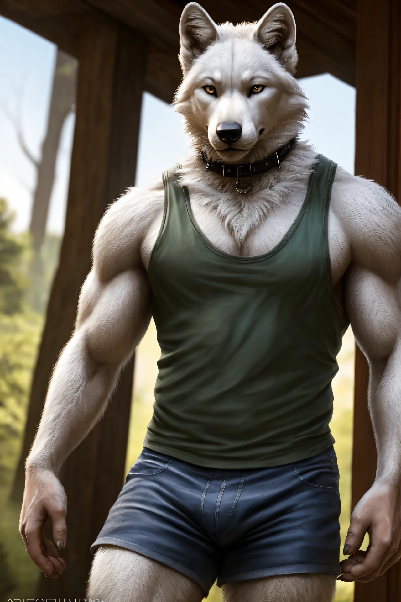 anthro, white wolf, realistic fur, adult, male, (solo:1.3), standing, muscular, collar, shorts, tank top, detailed background, wilderness background, realistic, photorealistic, ultra realistic, 8k,