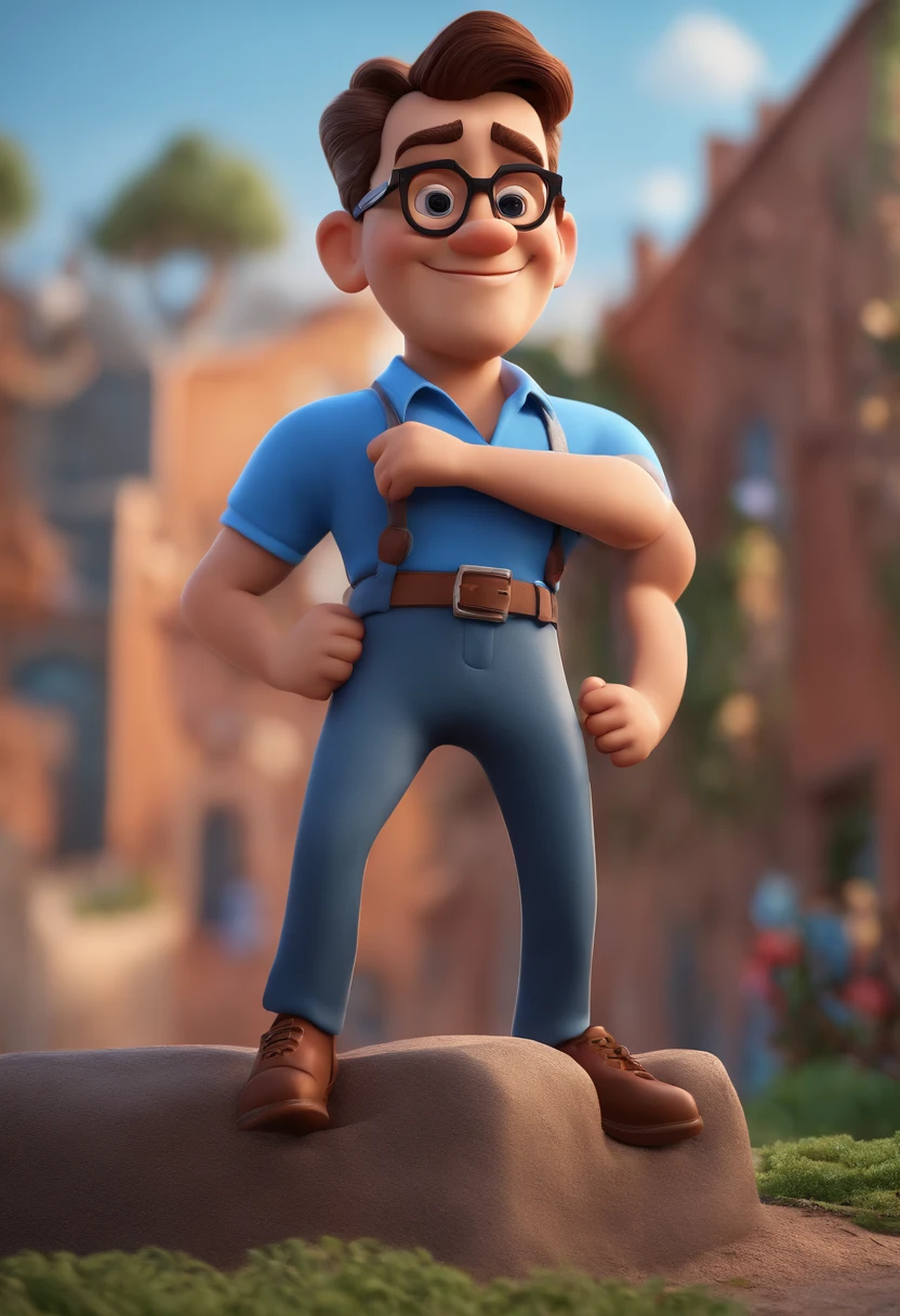 Cartoon character of a man with black glasses and a blue shirt, animation character, Caractere estilizado, animation style rendering, 3D estilizado, Arnold Maya render, 3 d render stylized, toon render keyshot, Personagem 3D, Personagem 3D, 3d rendering stylized, 3 d character render, personagem de desenho animado, Personagem de close up, Pose de personagem,  (Estilo Pixar) (master part:1.2) (Bokeh) (best quality) (pele detalhada) (textura detalhada) (8k) (argila) (Cinematic lighting) (foco nítido