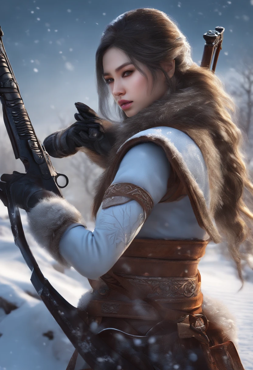 Huntress girl holding a rifle in snow battle pose,oriental,blade and soul,Estilo de tinta,longos cabelos ruivos,casaco de couro e pele,frio,Artwork,..3d,4k,circunstanciado,Realistic