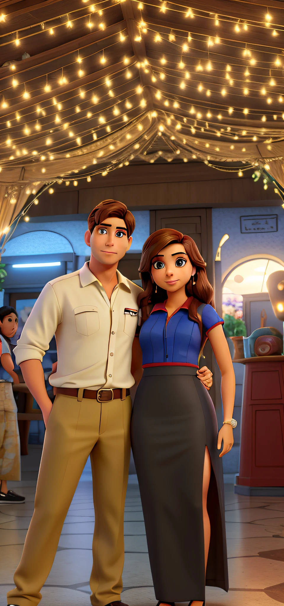Um homem branco e uma mulher morena clara estilo Disney Pixar, alta qualidade, melhor qualidade