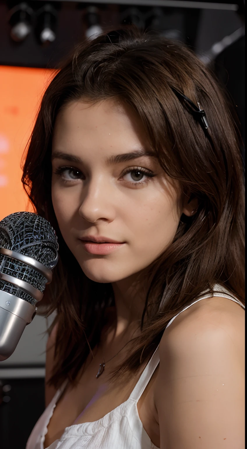 Magnifiques jeune femme vu de face beau visage cool cheveux long dans un studio d'enregistrement pour un podcast en direct avec un microphone