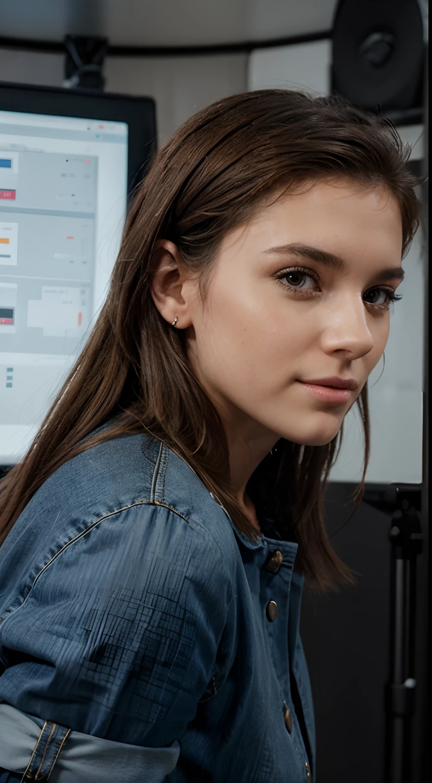 Magnifiques jeune femme vu de face beau visage cool cheveux long dans un studio d'enregistrement pour un podcast en direct avec un microphone