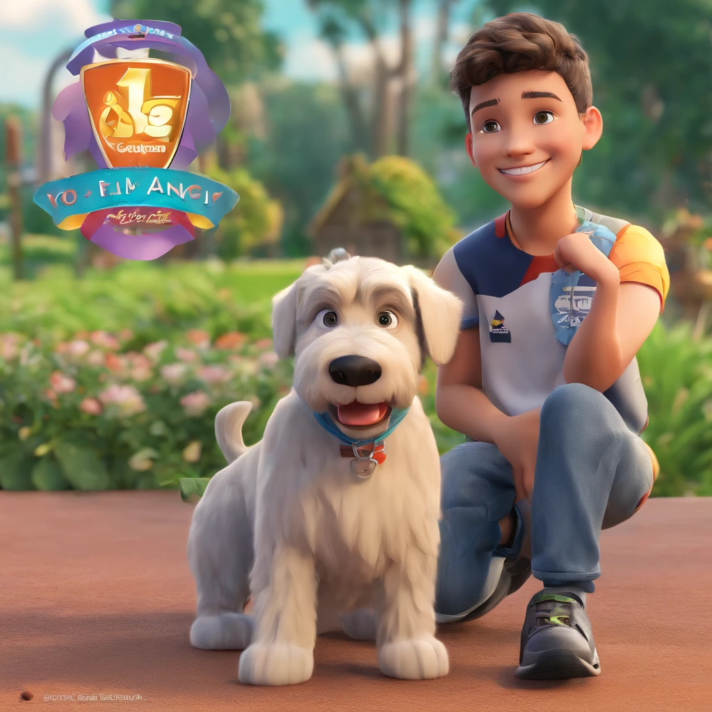 Lucas is a smiling 15-year-old human boy, com seu fiel amigo, Bolt, o cachorro schnauzer, deitados no jardim
