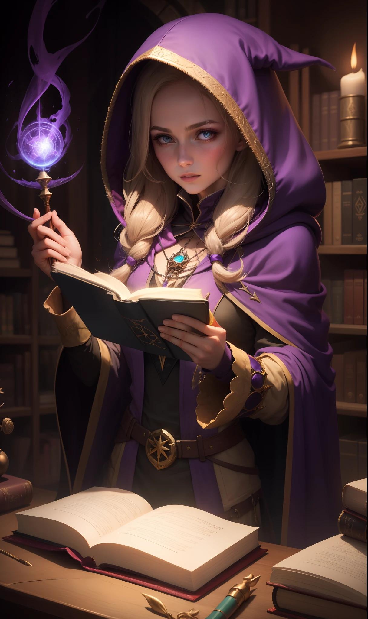 sorceress in purple hood holding a spell book