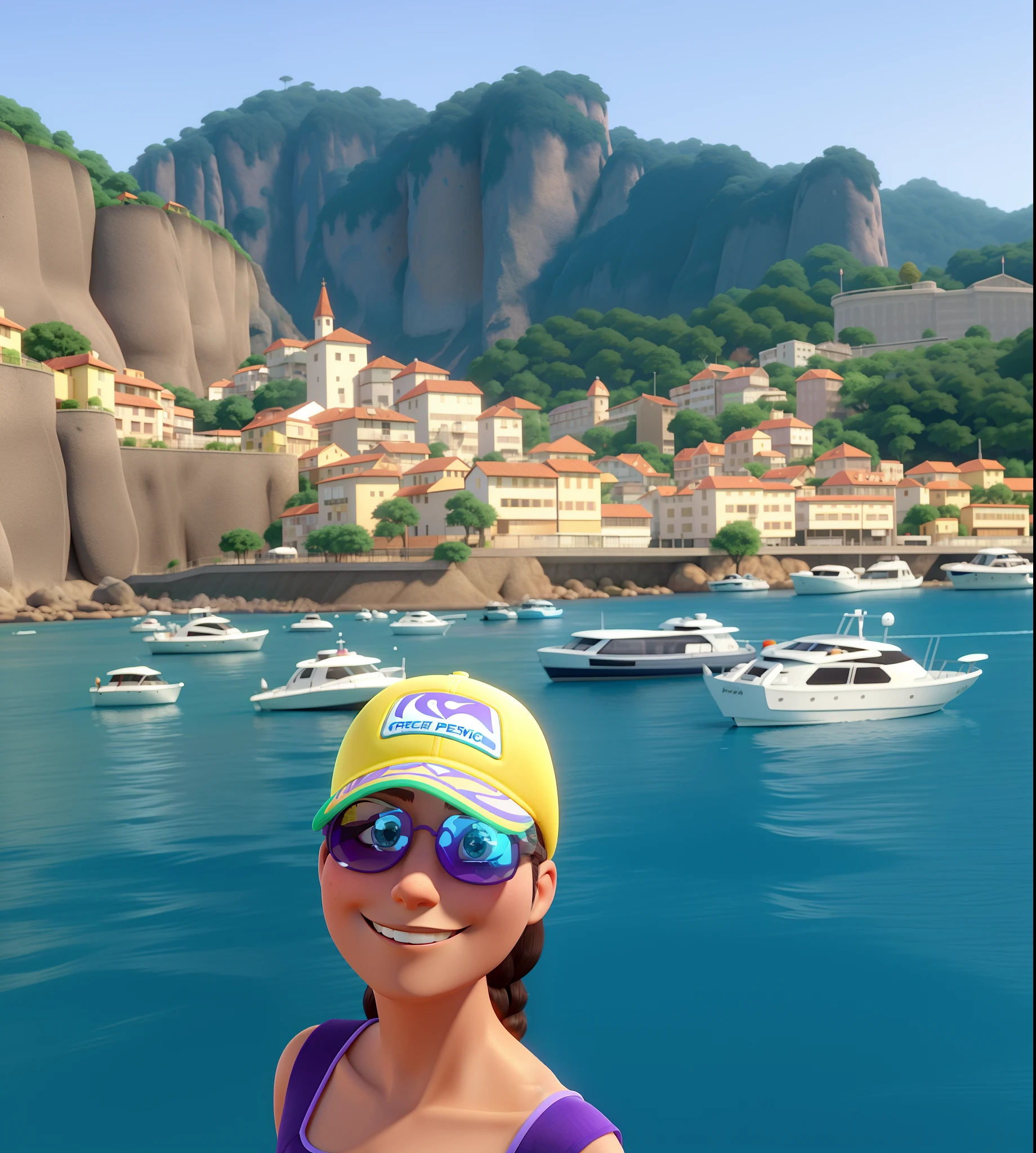 A woman with dark brown hair shredded at neck length wearing mirrored aviator glasses in shades of lilac, e bone amarelo neon escrito "FOFO Esportes" em azul, brincos de perola pequenos, sorrindo, contra o pano de fundo da ilha de Cannes estilo disney pixar, alta qualidade, melhor qualidade