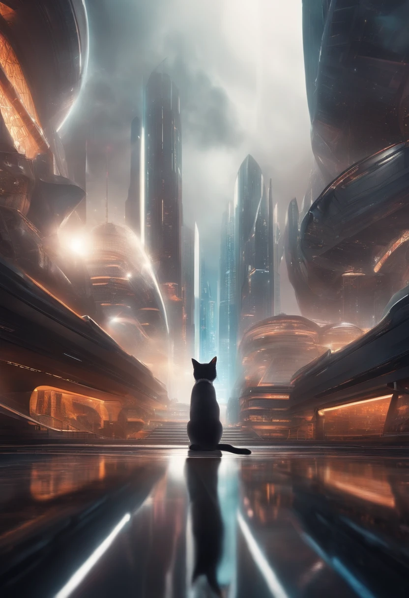 In the future with a white and a black cat in the middle of the futuristic buildings