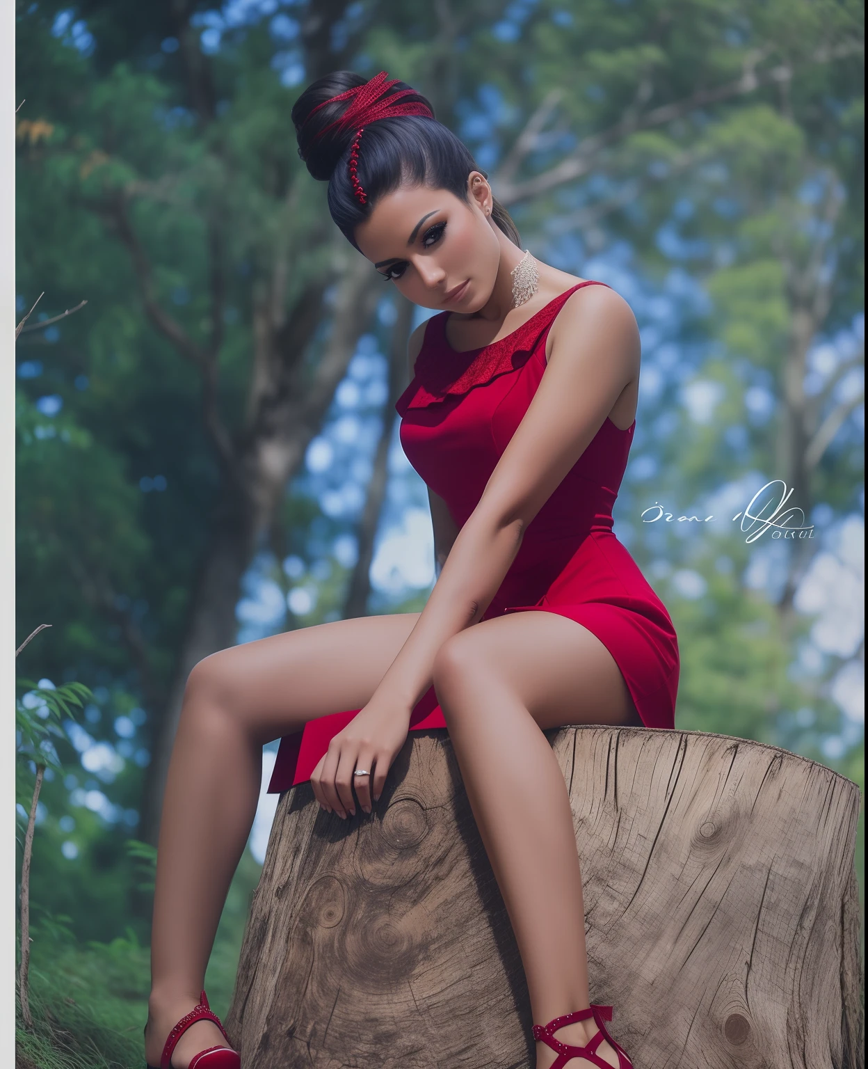 There's a woman sitting on a tree stump in a red dress, Modelagem de Ensaio, photo shoot, modeling photography, Pose Glamour, award winning photo shoot, Photo Session, pose elegante, Fotografia de Glamour, modelo de tiro, com uma pose cool, various poses shooting photos, Pose legal, taken in the early 2020s, fazendo uma pose elegante, Foto de um ensaio promocional