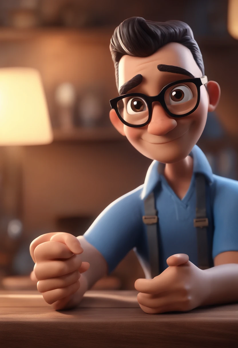 Cartoon character of a man with black glasses and a blue shirt, animation character, Caractere estilizado, animation style rendering, 3D estilizado, Arnold Maya render, 3 d render stylized, toon render keyshot, Personagem 3D, Personagem 3D, 3d rendering stylized, 3 d character render, personagem de desenho animado, Personagem de close up, Pose de personagem, (Estilo Pixar) (master part:1.2) (Bokeh) (best quality) (pele detalhada) (textura detalhada) (8k) (argila) (Cinematic lighting) (foco nítido