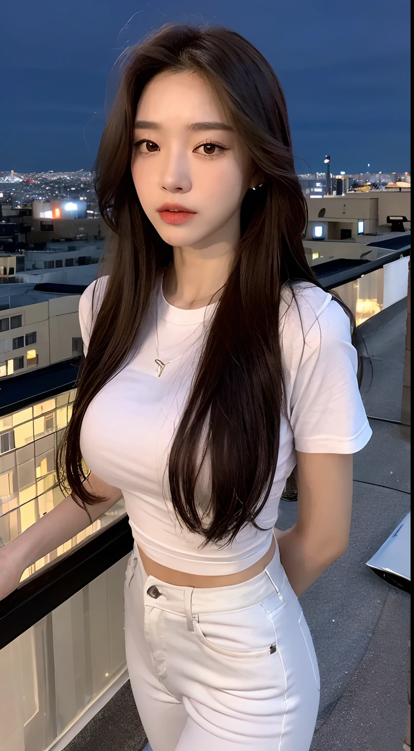 ((mid night、top-quality、8K、masterpiece:1.3)), full body Esbian, long legged, foco nítido:1.2, Beautiful woman with perfect body shape:1.4, Slender Abs:1.1, ((dark brown hair、Colossal tits:1.2)), (White tight t-shirt、Tight skinny jeans 、is standing:1.2), ((Night City View、On the rooftop:1.3)), Highly detailed facial and skin texture, A detailed eye, 二重まぶた