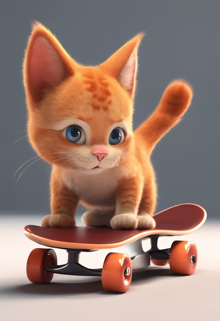 eine Katze mit rot weisem Fell die sportlich bekleidet ist und sich auf ein Skatebord bewegt.