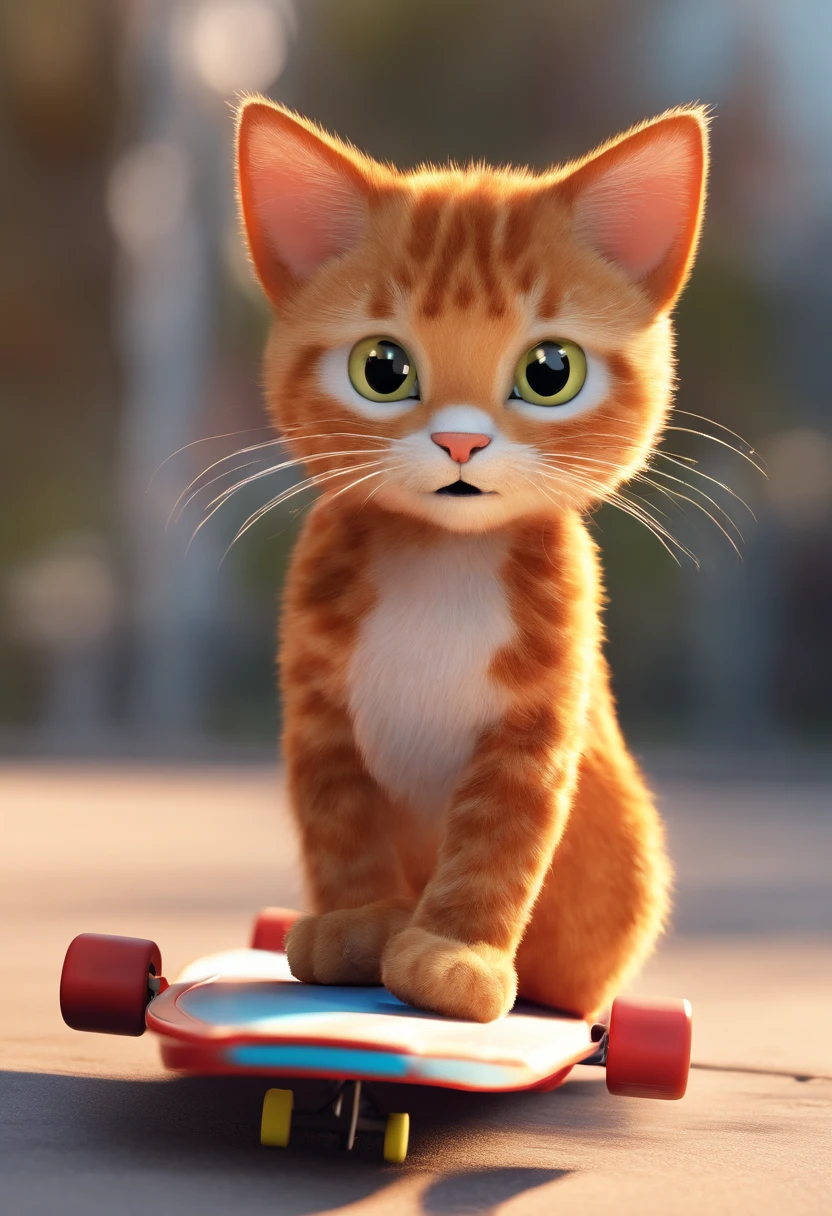 eine Katze mit rot weisem Fell die sportlich bekleidet ist und sich auf ein Skatebord bewegt.