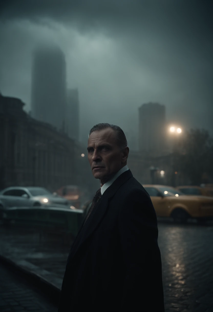 "(best quality,highres,masterpiece:1.2),dark and dramatic scene,imposing Russian mobster,night,stormy weather,strong and intimidating figure,wearing a sharp suit,piercing eyes,menacing expression,aged and weathered face,shadows and flickering lights in the background,mysterious atmosphere,suspenseful ambiance,eerie silence,moody lighting,ominous clouds,heavy rain,city skyline in the distance,gritty and sinister feel,damp streets,secrets hidden in the darkness"